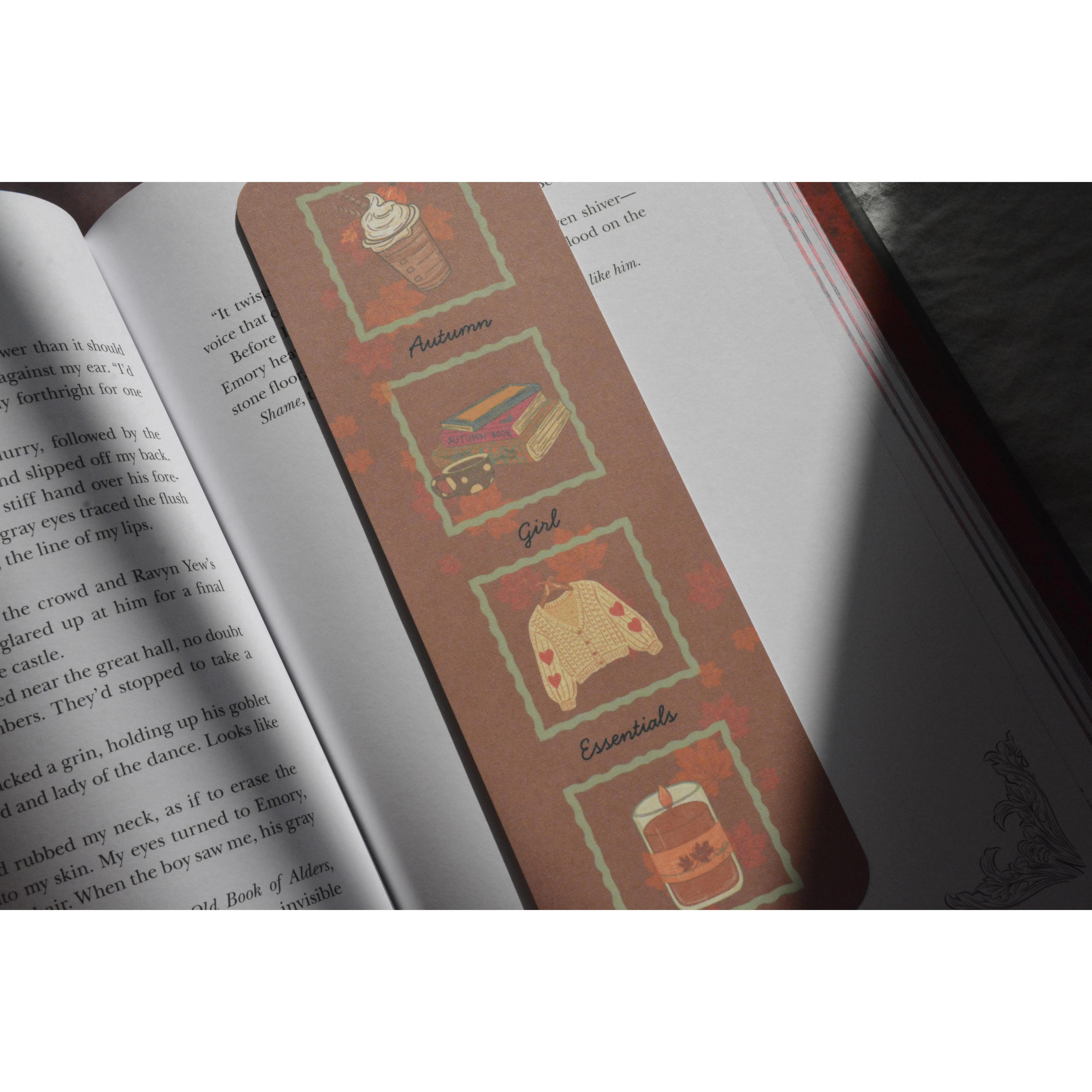 Autumn Girl Essentials Linen Bookmark | Double-Sided Book Lover Bookmark