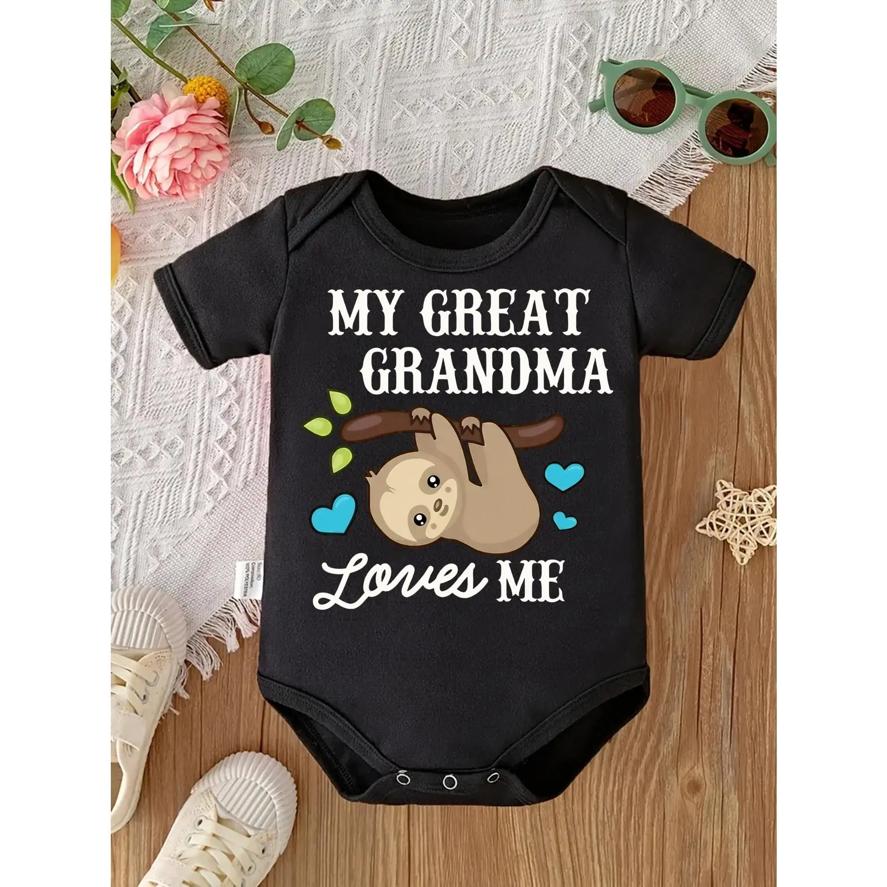 Baby Bodysuit - Basic Knitted Onesie with Sloth (Animals) & Heart Characters, Elastane Blend, "My Great Grandma Loves Me" Print, Soft Round Neck, Button Detail, Regular Fit, All Seasons, for 0-3 Months & 4-12 Months