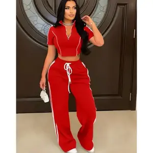 Women’s Fashion Casual Two-Piece Summer Set – Zip-Up Short Hoodie, Short-Sleeve Sports T-Shirt, Striped Patchwork Design, Long Pants, Red