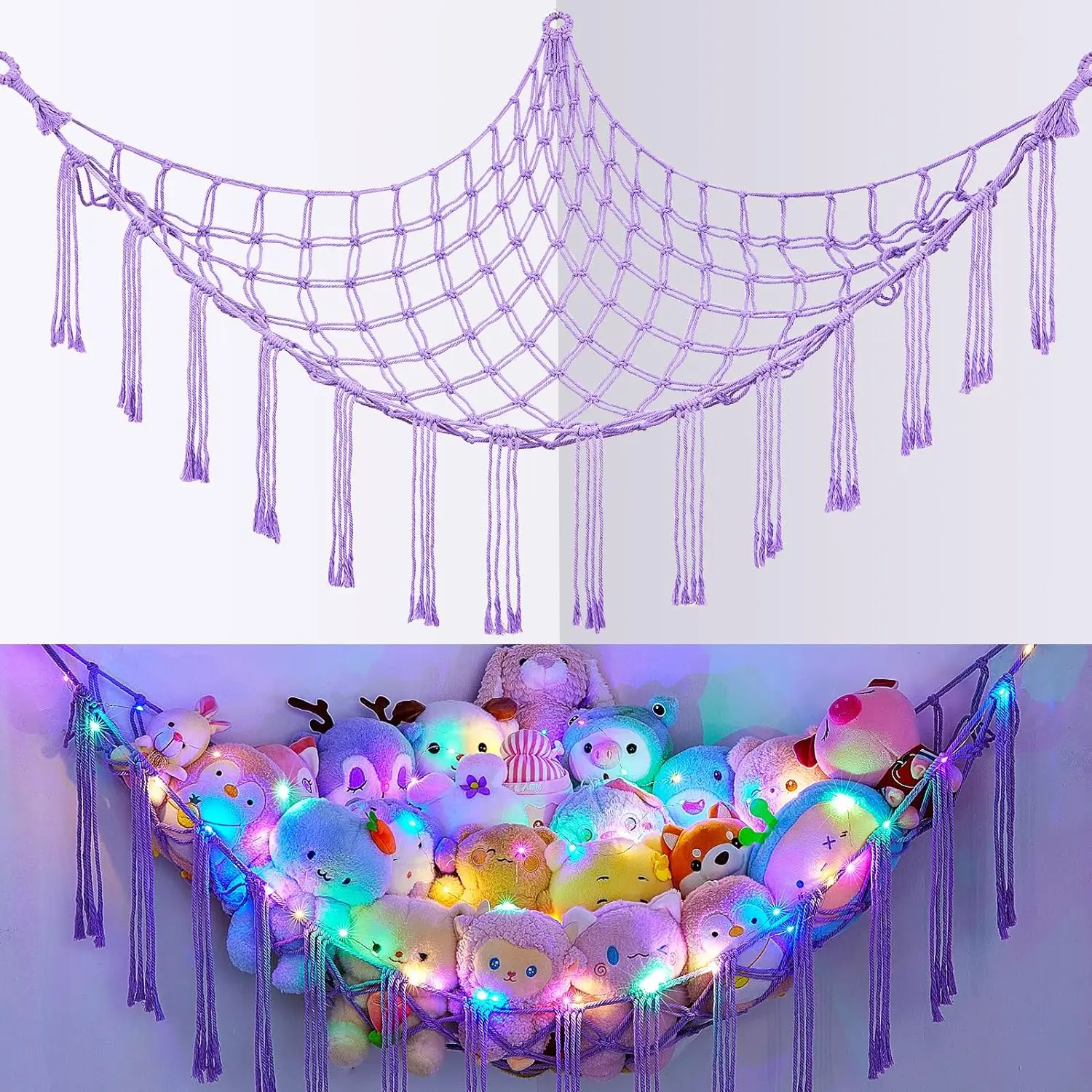 Stuffed Animals Net or Hammock with LED Light, Hanging Stuffed Animals Storage Toy Hammock Net Corner Wall Girls Room Decor Toy Storage Organizer, Purple, L