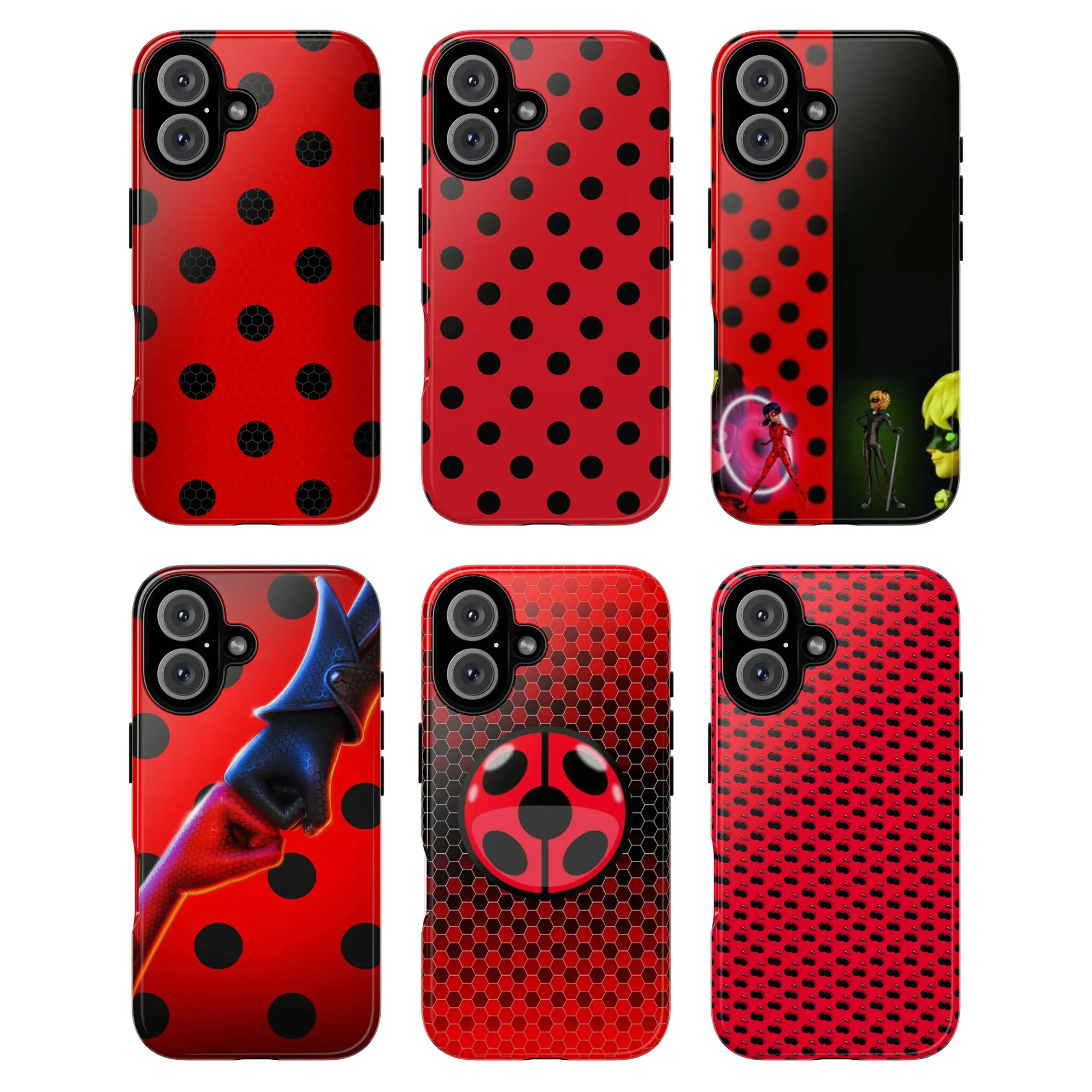 Miraculous Ladybug Phone Case, Red Black Polka Dot Inspired by Miraculous Ladybug Cartoon Characters Ladybug Cat Noir Minimal Geometric Style Hexagon Texture Hearts Symbol Playful Artistic Retro Aesthetic for iPhone 17 17 Pro Max 17 Pro 17 16 15 14 13 12