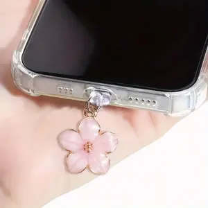 DIY Alloy Drip Oil Colored Five-petaled Camellia Pendant Phone Dust Plug, Suitable for iPhone/Type-C Phone Holes, Phone Decoration