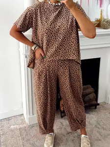 Trendy Animal Print Two Piece Matching Set: Oversized High-Low Top and Relaxed Fit Ankle Length Pants, Comfy Leopard Outfit for Daily Wear & Travel