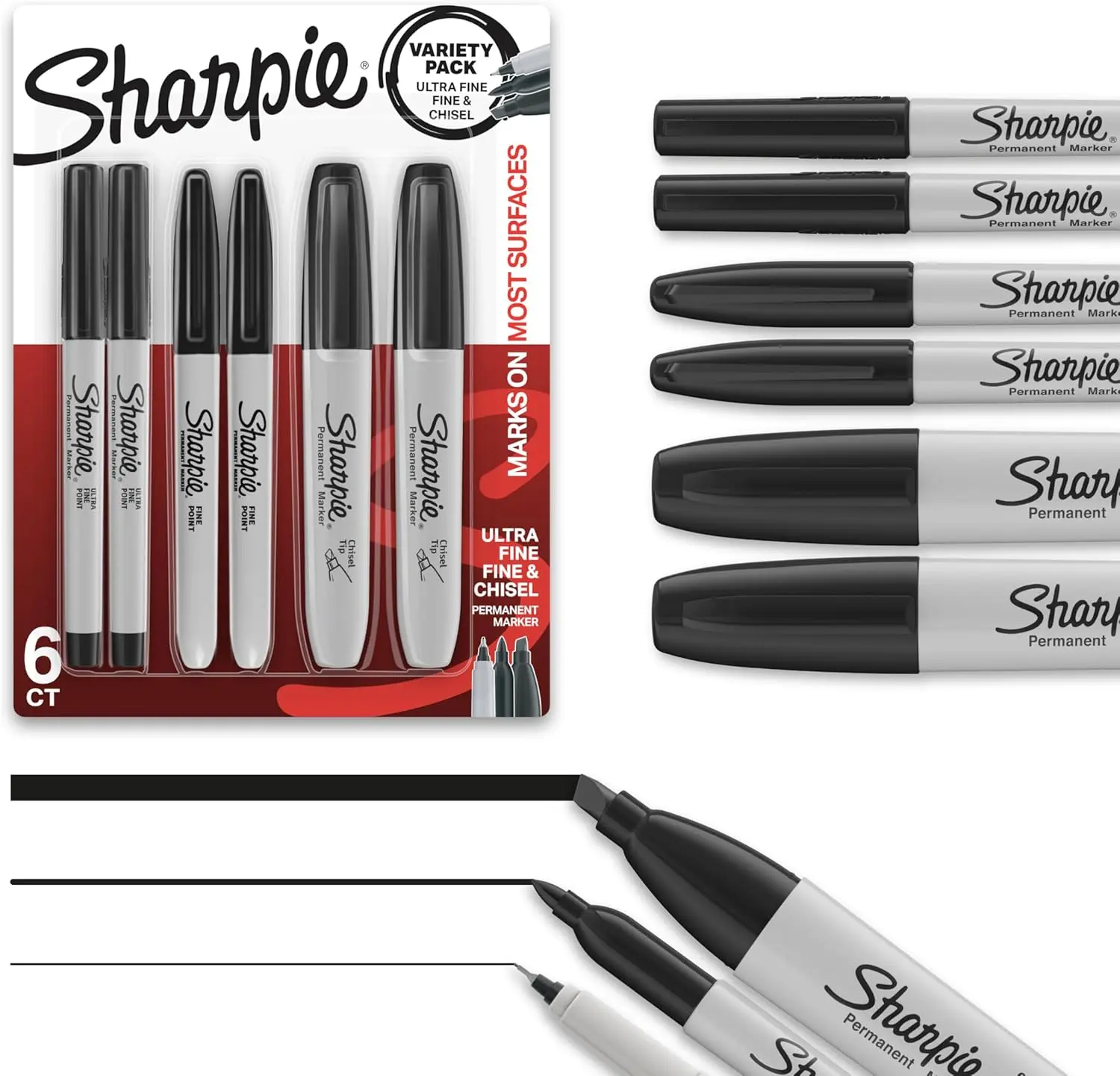 Permanent Markers Variety Pack, Includes Chisel, Fine, and Ultra-Fine Tips, Black, 6 Count - Poster, Office, School Supplies