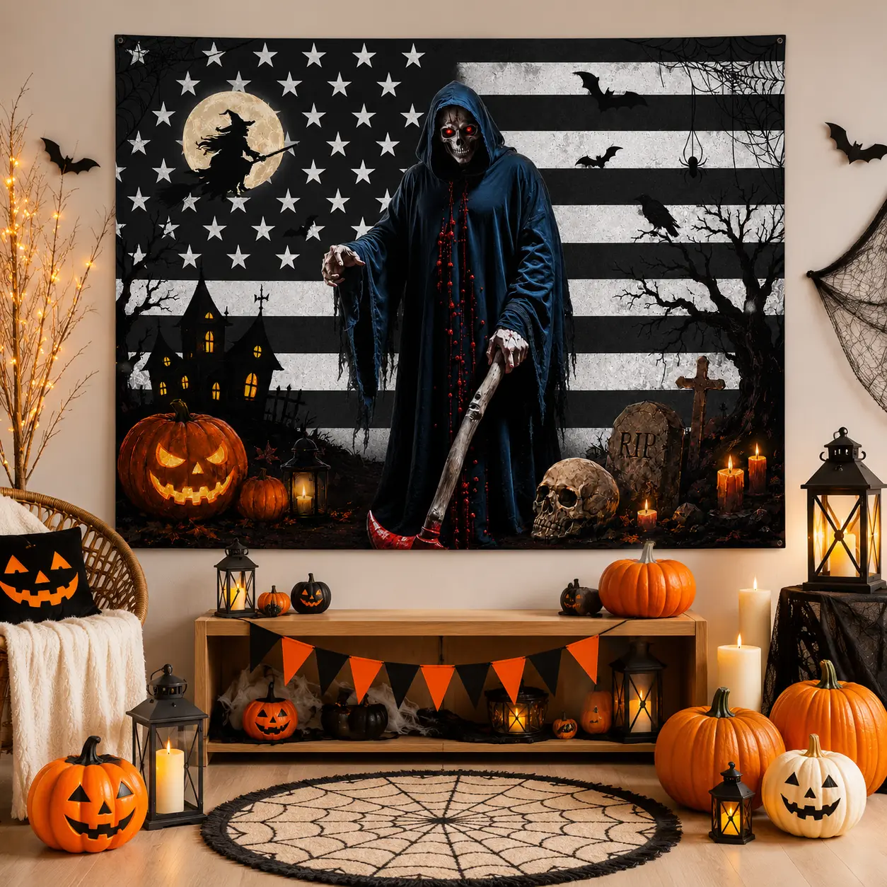 Personalized Halloween Tapestry Custom Photo Wall Hanging Spooky Pumpkin Gothic Room Decor Party Background