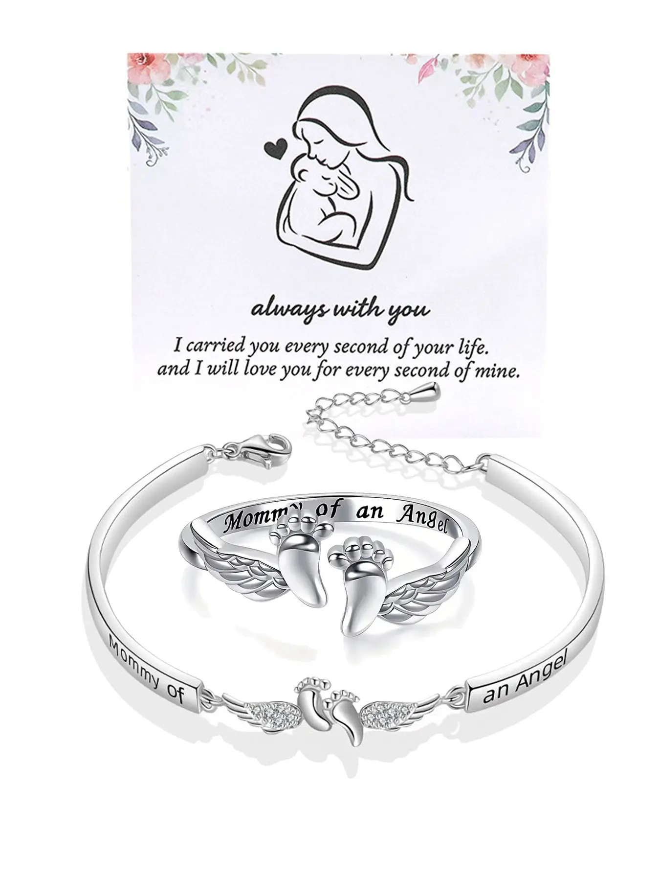 Mother's Day "Angel Mom" Bracelet & Miscarriage Memorial Ring, Adjustable Fit Bangle, Adjustable Infinity Bangle, Inspirational Jewelry, Memorial Jewelry for a Lost Loved One, A Gift for Strong Moms