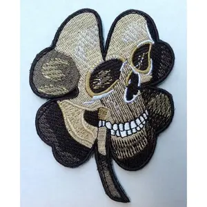 Harley Biker Skull Clover Celtic Embroidered Hook Patch (BRN)
