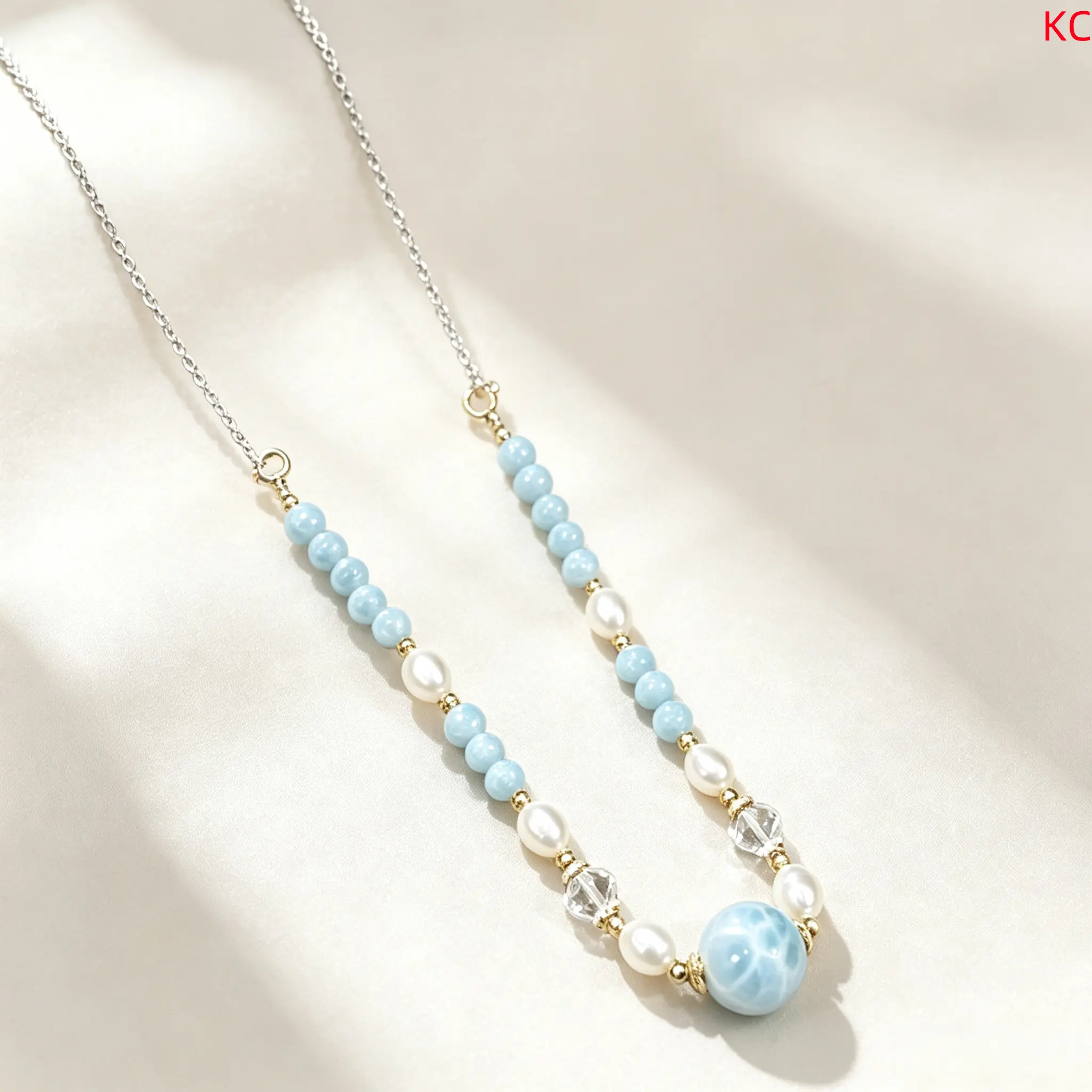 Larimar, Freshwater Pearl & White Crystal Braided Rope Necklace, Women Sweater Chain Necklace, 5mm+13mm Beads, 60cm Length