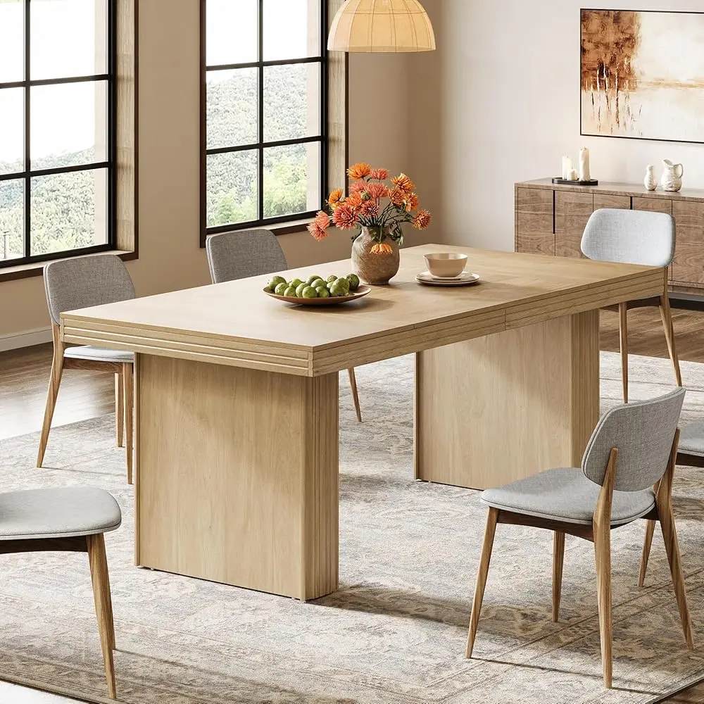 Tribesigns Farmhouse Dining Table, 63 Inches for Modern Kitchen, Fluted Line Design for Dining and Living Rooms, Natural Finish