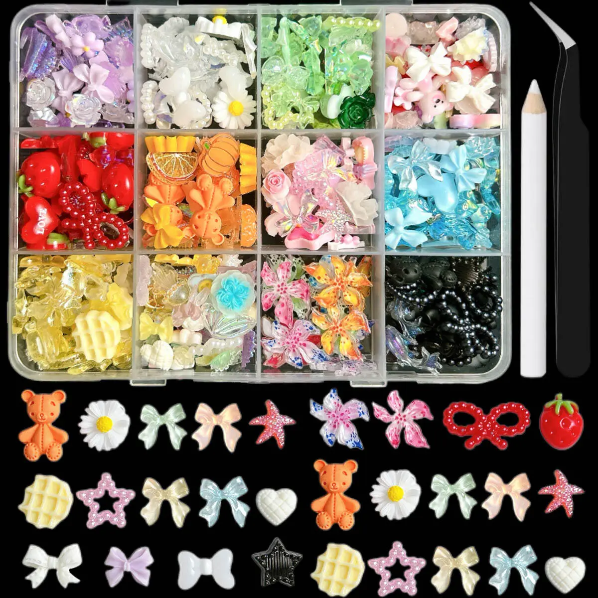 1Box 3D Transparent Bow Flower Cute Bear Resin Nail Charms Simulated Creative Orange Slices Pumpkin Strawberry Mixed Nail Art Design Decorations Resin Nail Gems for DIY Shoes Books Nails Accessories