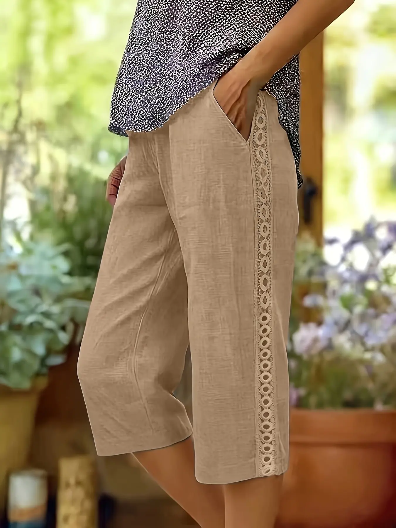 Cropped Pants Plus Size Casual Wide-Leg Capris with Lace Trim, Lightweight Breathable Fabric, Y2K Clothes Summer Wear, Bottoms, Boho Casual Trousers, Comfortable Relaxed Fit Trousers, Stylish Detail Party Pants