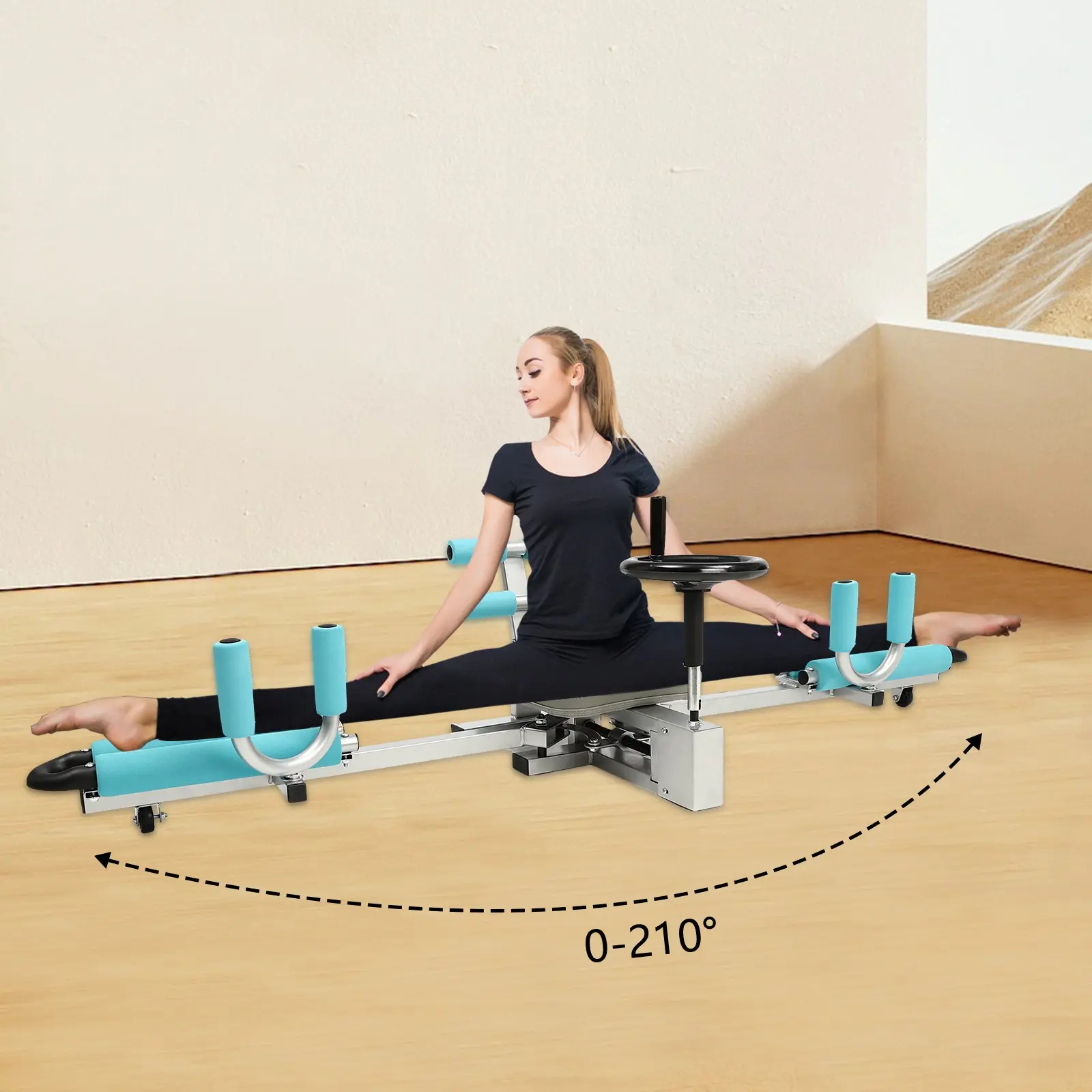 Leg Stretcher Machine, 0-210 Degree Adjustable Split Machine for Flexibility, Splits Trainer with 330.7 lb Heavy-Duty Steel Frame, Crank Handwheel, Padded Seat, Foam Roller Backrest, Casters, Home Gym Equipment for Dance, Yoga, Martial Arts, Cyan