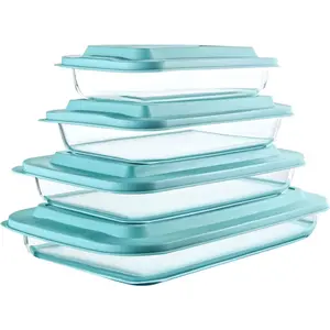 8- Deep Glass Baking Dish Set with Plastic ,Rectangular Glass Bakeware Set with , Baking Pans for Lasagna, Leftovers, Cooking, Kitchen, Freezer-to-Oven and Dishwasher, Green