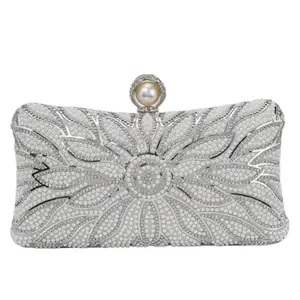 Elegant Faux Pearl Box Clutch, Romantic Wedding Party Purse with Luxury Rhinestone Decor, Formal Event Shoulder Crossbody Bag for Bride, Purse Bag for Wedding