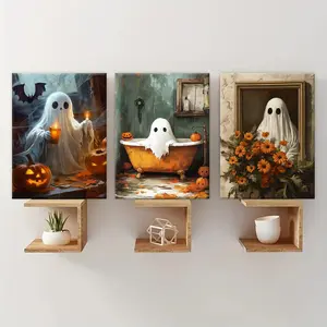 Ghost Pattern Wooden Framed Canvas Painting, 3 Counts/set Funny Ghost Poster, Festive Posters, Party Decorations, Bedroom Wall Decor