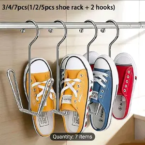 Set of 4 (2 Shoe Racks + 2 Hooks) Stainless Steel Shoe Rack Hanger - Heavy Duty Waterproof Multi-Purpose Storage Hook, Space-Saving Shoe/ Coat/ Hat/ Slipper Storage Organizer, Durable Metal Design, Suitable for Entrance/ Wardrobe/ Balcony