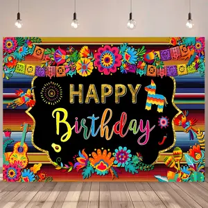 Mexican Fiesta Themed Happy Birthday Backdrop Banner 1pc Vibrant Colorful Flags Floral Design Vinyl Photography Background for Cake Table Decoration Fiesta Birthday Party Supplies 5x3FT or 5x7FT