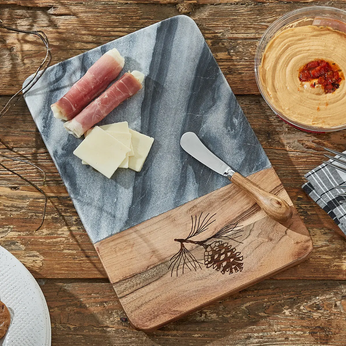 Rustic Pine Wood Kitchen Chopping Board with Spreader, Cheese Prep Countertop Chopping Board