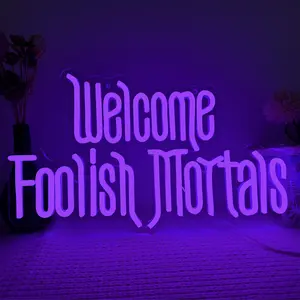 Welcome Foolish Mortals Neon Sign, USB Powered LED Neon Light, Decorative Neon Light, Dimmable Spooky Gothic Haunted Mansion Decor, Novelty Lighting for Party Haunted House