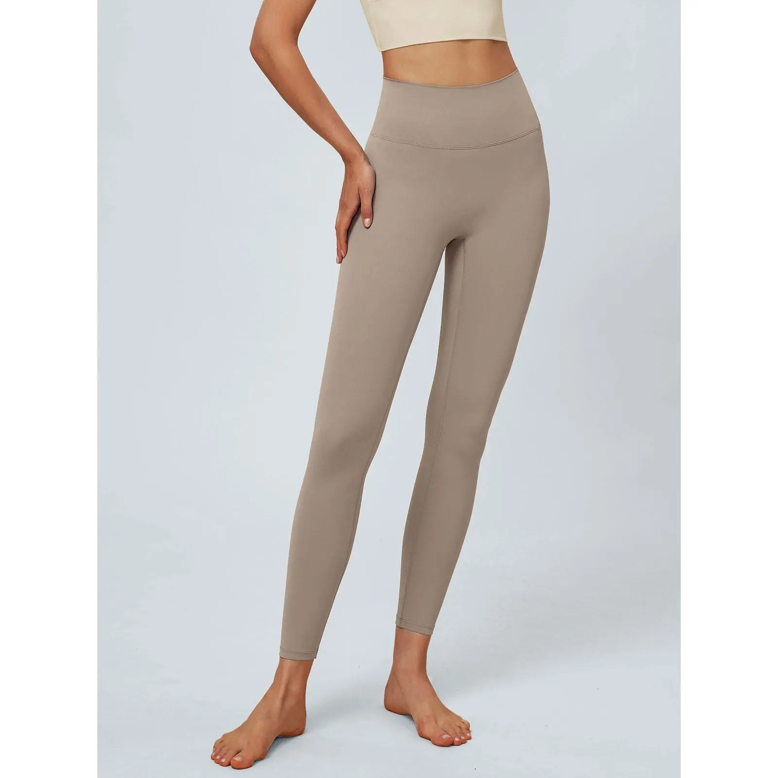 BERLOOK Women's Khaki High-Waisted Cut-Out Recycled Spandex Leggings - 24" Quick-Dry Moisture-Wicking Everyday Active Sports Bottoms for Gym Workouts, Size S
