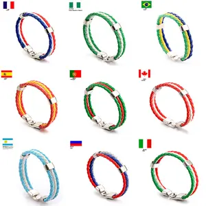 One bag includes 10 wristbands Unisex National Flag Braided Bracelet Italy France Russia Flag Leather Rope Wristband Friendship Gift