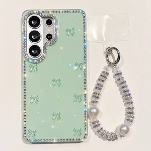A full diamond studded frame, three-dimensional bow print, pearl rhinestone lanyard Protective phone case suitable for Galaxy S23/S24/S25/S26  Ultra/FE/PIUS  A07/A17/A37/A57/A16/A26/A36/A56/A15/A35/A55 Accessories