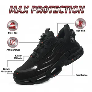 Men's Breathable Work Sneakers Steel Toe Protection Mesh Safety Shoes Durable Anti-Slip Comfort Fit All Seasons Casual Striped Design Elastic Closure Non-Slip EVA Sole Lightweight Industrial Construction Protective Footwear Comfortable Work Sneakers
