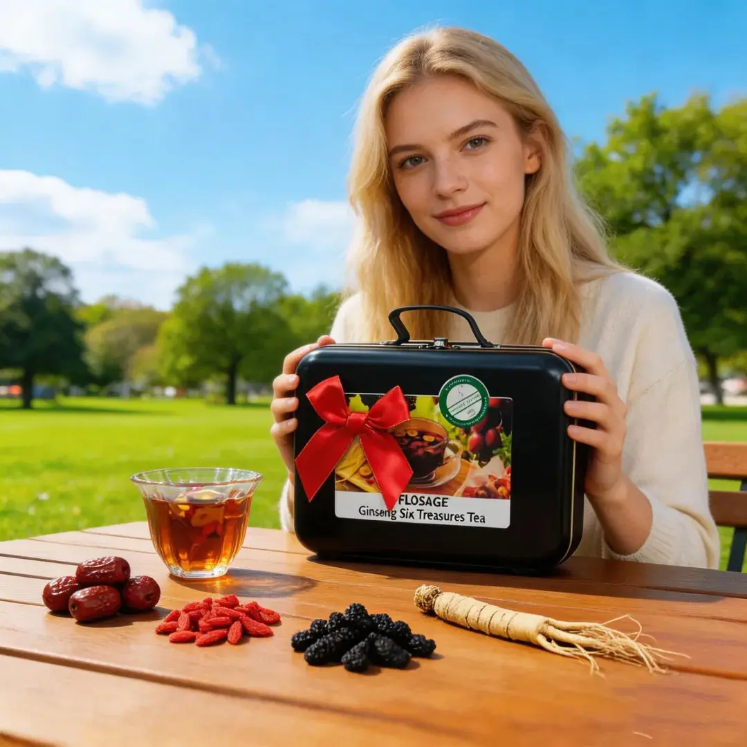 [Flosage]Organic Ginseng Six Treasures Tea&Liver andKidney Support Herbal Tea - Hand-picked Herb Tea with 6Organic Herbs & Edible Corn Fibers,Perfect Best Gift for Men and Women, Father’s Day & Christmas (Packed in an iron box)