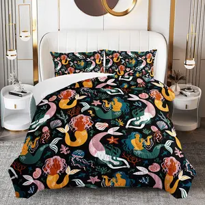 3pcs Mermaid Pattern Comforter Set, Ocean Duvet Set for Girls and Adults Bedroom or Guest Room Decor, Lightweight Soft All Seasons Comforter Machine Washable Microfiber Quilt with 2 Pillowcases, Gifts for the Family