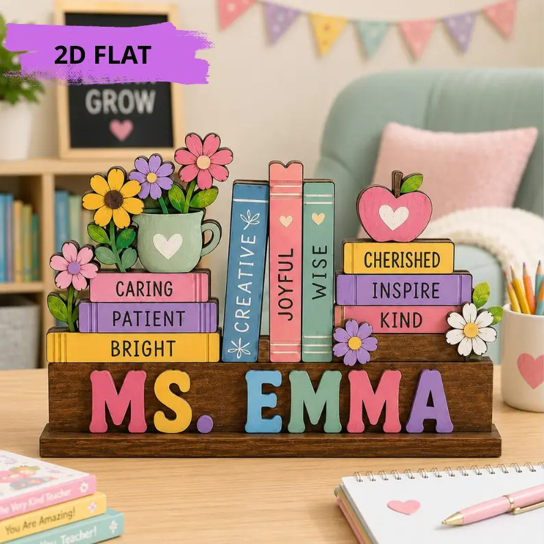 Personalized Teacher Desk Name Sign, Custom Teacher Appreciation Gift, Back to school gift, Classroom Decor, Wooden Book Stack Sign for Teacher