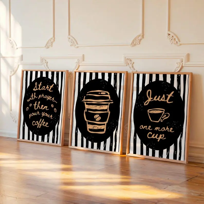 Start With Prayer Coffee Poster | Modern Black & White Wall Decor | Set of 3 | Multiple Aspect Ratios