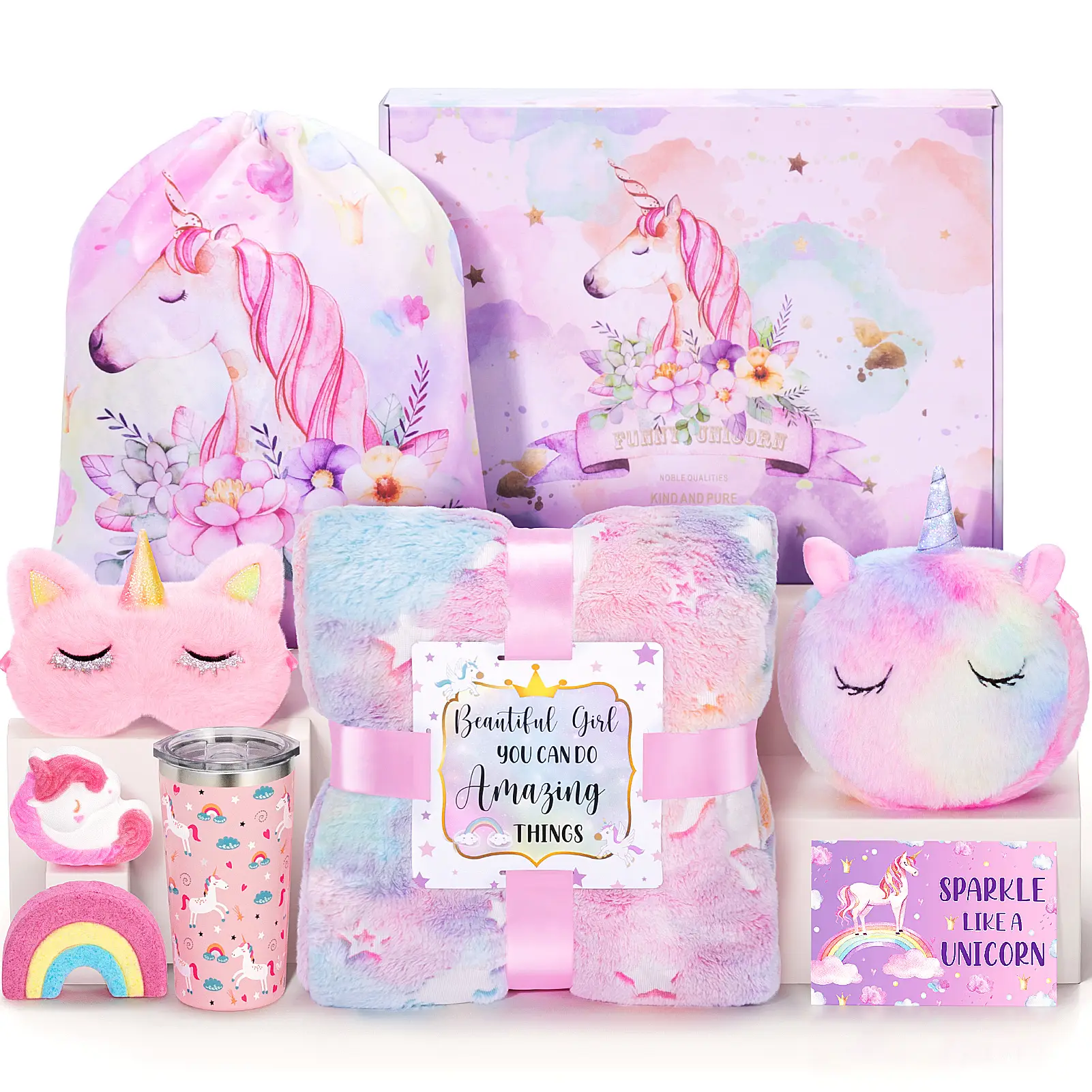 Tiblue Unicorn Themed Gifts Valentine's Day Gifts with Glow-in-the-Dark Blanket, Purse, Cup, and Jewelry Box Springtok