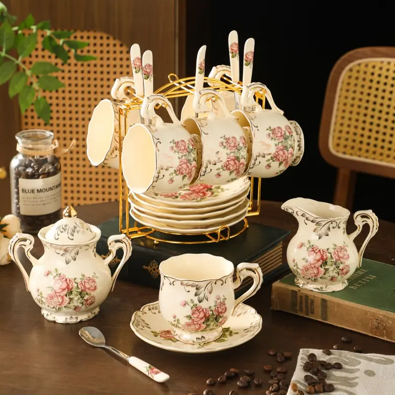 Vintage Floral European Tea Set, Tea Pot Set, Teapot Set, 9/21/22 Pieces with Cups, Spoons & Rack, Elegant Tea Party Set for Home & Restaurant, Ideal Gift