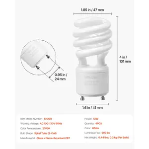 VEVOR 4-Pack CFL Light Bulbs, 13W Compact Fluorescent Spiral Bulbs with 2700K Warm Light, 900lm Luminous Flux, Twist and Lock GU24 Base, Ideal for Bedrooms, Study Rooms, Living Rooms, Commercial Use