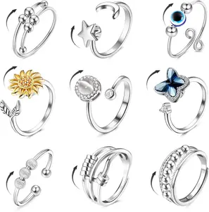 FIBO STEEL 9 Pcs Fidget Anxiety Rings for Women Men Spinner Rings for Anxiety Relieving Stress Open CZ Flower Moon Star anti Rotatable Rings Adjustable