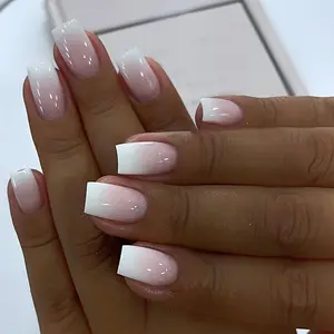 24pcs French-Style Press-On Nail Set with Ombre Gradient (milky to) - Short & Medium Length Square Fake Nails, Glossy for hands & feet - Full Nail Coverage for women, at or Salon Wearable Nail Kit