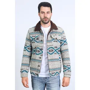 Mens Ethnic Aztec Quilted Fur Lined Grey Jacket