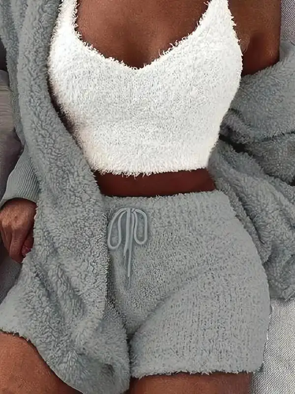 Women's Solid Color Plush Three-Piece Pyjama Set Casual Comfy V Neck Crop Cami Top Coat Tie Front Shorts Loungewear Set Fluffy for Winter Sleepwear PJ Set