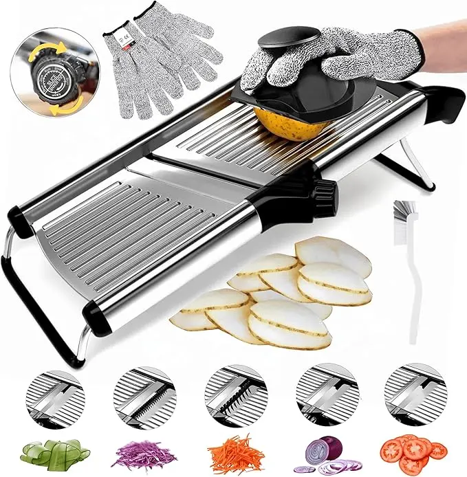 Mandoline Slicer For Kitchen- Mandolin Potato Slicer Tomato Slicer in Kitchen Essentials with Resistant Gloves- Adjustable Stainless Steel Vegetable Food Slicer