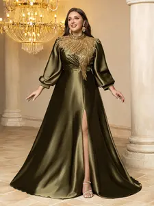 Plus Size Statement Lantern Sleeve Sequin Embroidery High Split Dress, Elegant Evening Party Gown, Large Skirt, Formal Wear