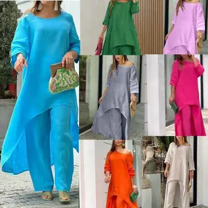 New Women's Fashion Cotton Linen Casual Plus Size Irregular Long Sleeve Set Wide Leg Pants Two-Piece Set