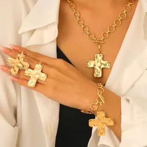 Gold Chunky Cross Necklace for Women with Layered Heart Design, Hammered Cross Pendant, Thick Chain, Statement Necklace