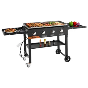 VEVOR 36-Inch 4-Burner Gas Griddle, Foldable Flat Top Grill with 4 Units, Dual Racks, Wheels, 60000 BTU, Pulse Ignition, Outdoor Grill Plate for Pan-Frying, BBQ