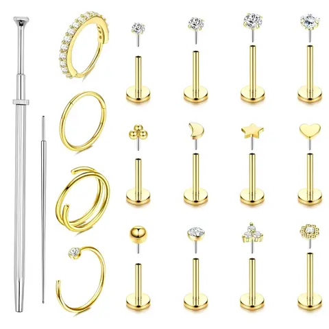 14K Gold Filled Nose Rings Studs Hoops for Women Men 20G Hypoallergenic Surgical Steel Push in Threadless Flat Back Earrings CZ Helix Tragus Lip Cartilage Medusa Nostril Piercing Jewelry