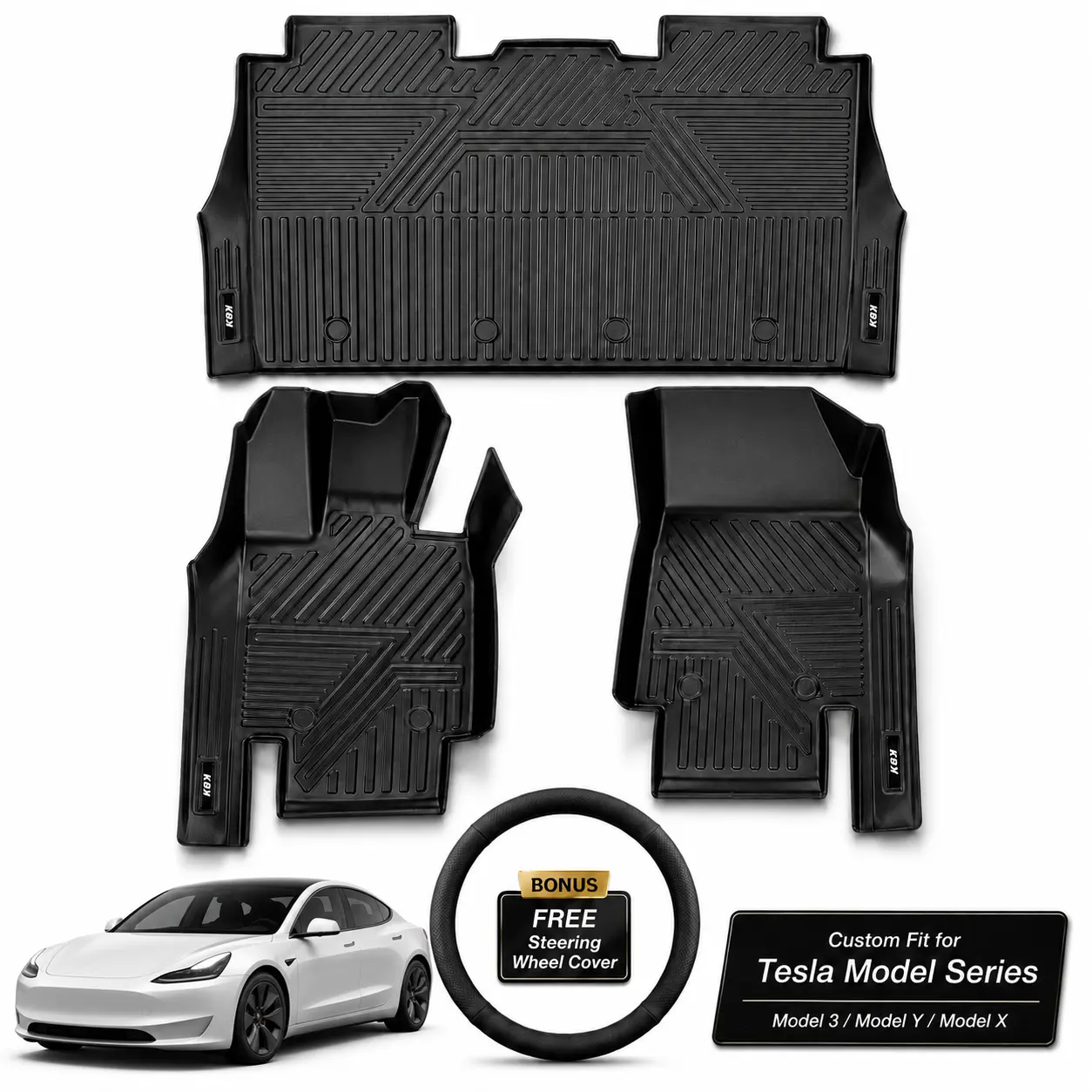 All Weather Custom TPE Floor Mats Full Set, Waterproof Anti-Slip Deep Dish Liners for Tesla, Complete Driver Passenger Rear Kit, Free Steering Wheel Cover