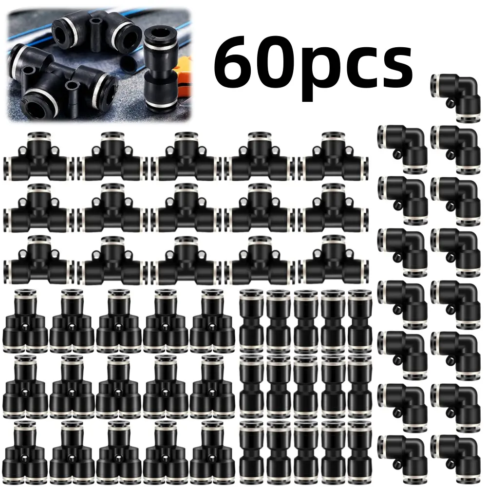 60-Piece Quick Connect Air Hose Fittings Set - Push Connect Fittings, Tee Elbows, Straight Tubes, Air Line Splitters for Face Covering Masks & Clothes Accessories, Quick Fittings