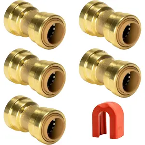 1/2 Inch Push to Connect Coupling |  Design for Superior Sealing | Push On Brass Plumbing Pipe  | for Copper, PEX and CPVC | 5-Pack PushFit Straight Connectors