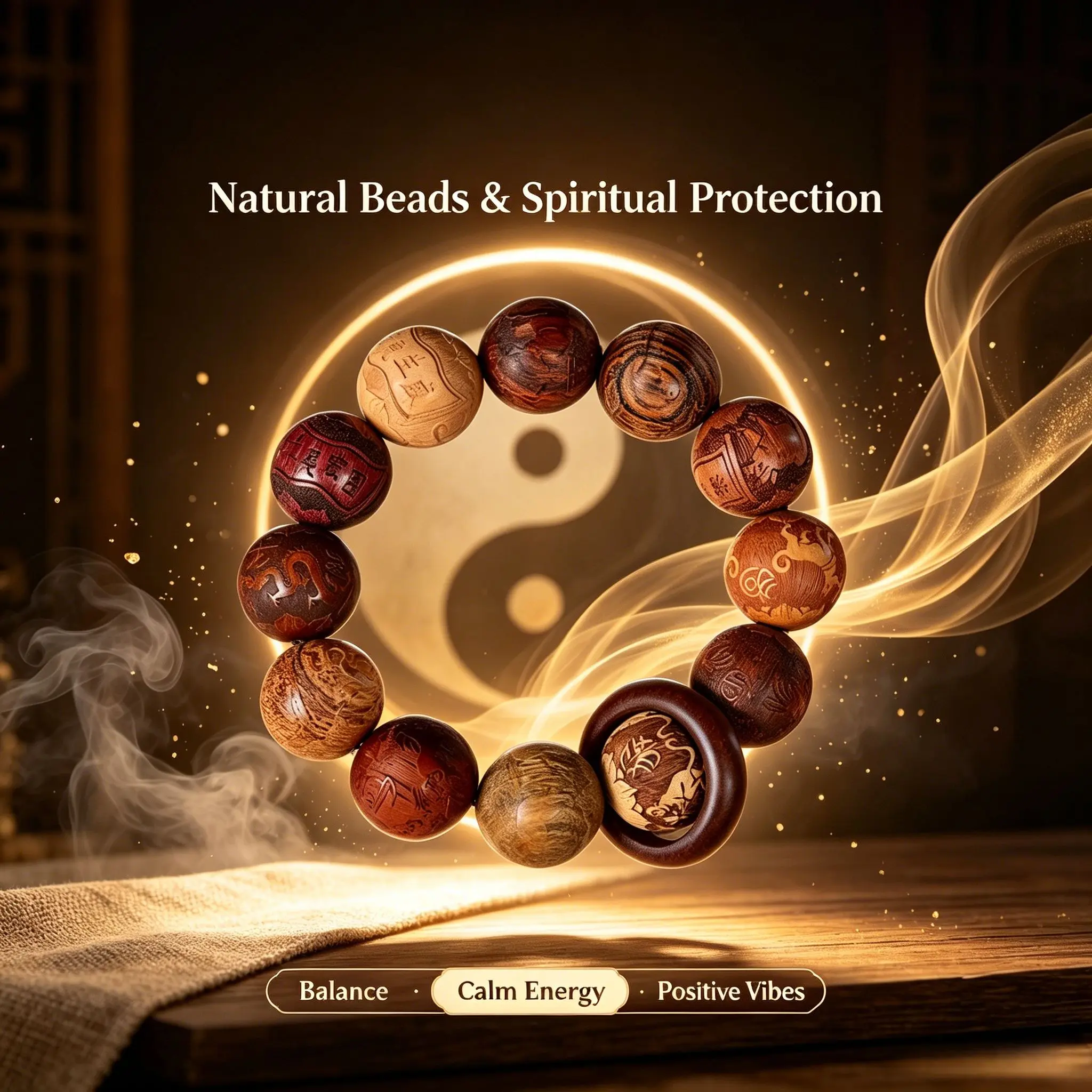 Ancient Eastern Taoist Blessing Bracelet, Hand-Carved Wooden Prayer Beads for Luck, Love & Spiritual Protection