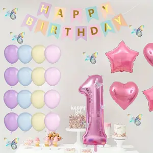 Macaron 1st Birthday Party Supplies for Girls, Birthday Balloon Number 1 Balloon with Butterfly Stickers Star Heart Foil Balloons Happy Birthday Banner for 1 Year Old Party Decoration