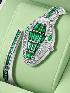 Ladies Snake Shape Watch with Flip Cover Dial and Emerald Green Gemstone Bracelet Type Design